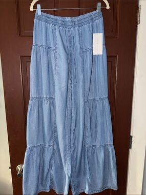 Light Blue Tiered Wide-Leg Denim Pants